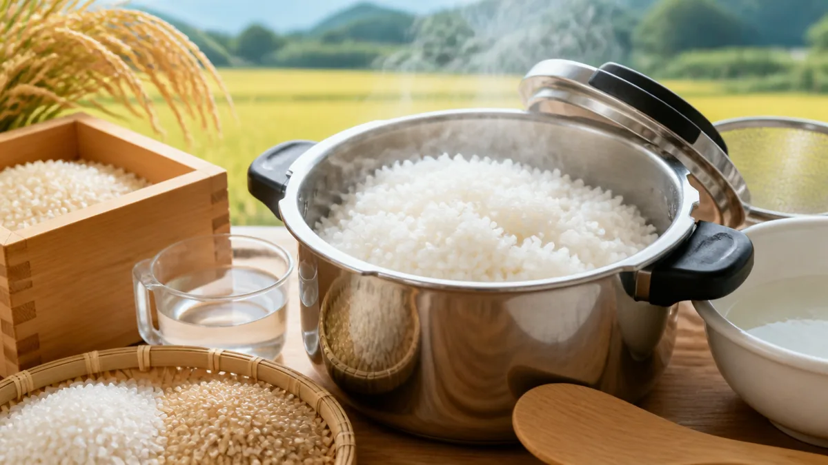 圧力鍋でご飯を炊く基本手順｜強火5分・弱火3〜5分の流れの解説画像